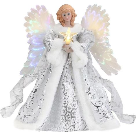 Décoration de sapin de Noël en forme d'ange de 23 cm (9 pouces), blanche et argentée, avec lumières transparentes. (1/5)