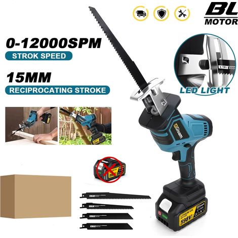 Scie alternative sans fil brushless 3600W 12000 SPM – outil de coupe bois et métal – compatible batterie 18V – sans batterie
