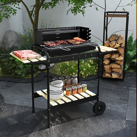 Barbecue a carbone in metallo con ruote, griglia regolabile in altezza, ripiano in legno, 103x47x95 cm, nero