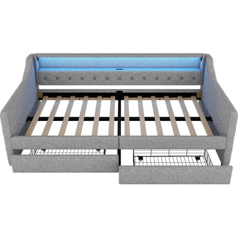 Tagesbett 90 x 200 cm mit Lattenrost, 2 Schubladen, LED-Beleuchtung und USB-Anschluss, grau (1/5)