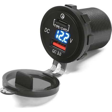 Conector doble USB de carga rápida para motocicleta Biketec USB TYPE-C con retroiluminación y voltímetro, montaje en superficie plana (carenado, baúl) o en el manillar (se requiere el adaptador BTMUS2
