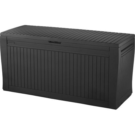 Cassapanca da Esterno Comfy 270 L in Resina Effetto Legno Colore Grafite con Ruote e Chiusura