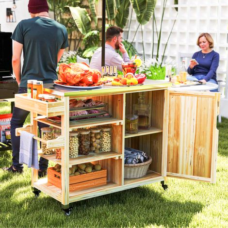 Grillwagen aus Naturholz mit Edelstahl-Arbeitsplatte, Schrank mit Einlegeboden, Gewürzregal und Rollen 134,5x50x91,5 cm