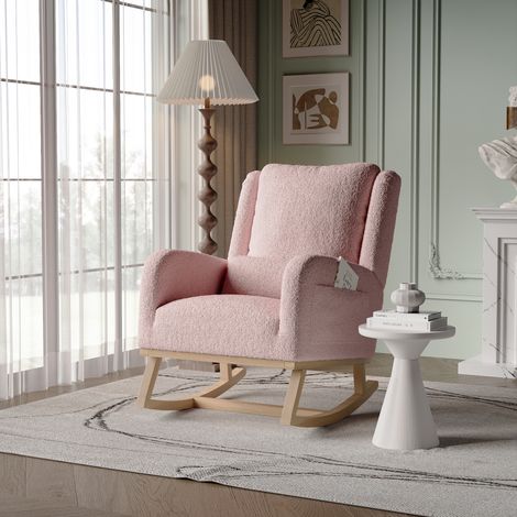 Fauteuil à bascule avec dossier épais - 93x68x96 cm, poches latérales, cadre en bois massif, Confort Ergonomique pour Salon et Chambre - rose (1/5)