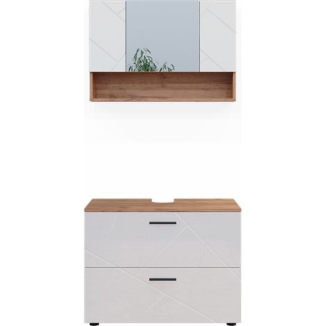 Set di mobili da bagno Irma, Bianco lucido/oro power oak, 2 parti, mobile base 80 cm, Vicco