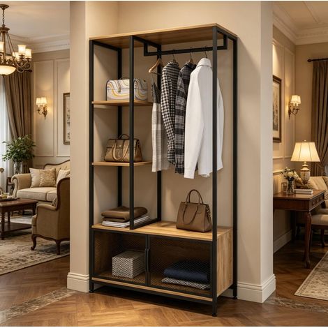 Portant à vêtements ouvert sur pied 90 x 40 x 167 cm en métal et MDF, noir et bois clair (1/5)
