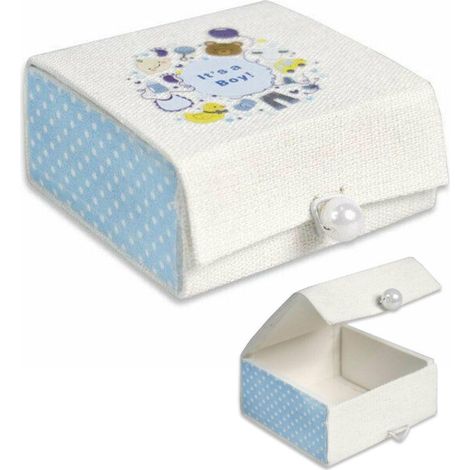 TrAdE Shop Traesio - 12 Scatolina Porta Confetti Scrigno In Tessuto Bomboniera Nascita Bimbo Azzurro - (1/3)