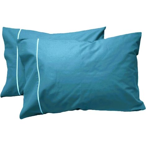 Lot de 2 taies d'oreiller passepoilées, 60 cm x 70 cm, bleu pétrole/blanc, 100 % coton, double face (1/5)