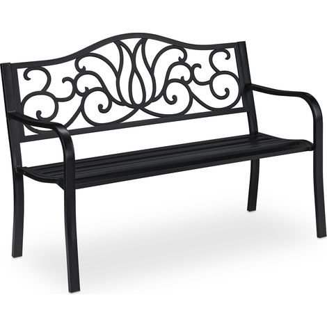 Relaxdays Banco Jardín Antiguo, 2 Personas, Asiento Balcón y Terraza, Banca Exterior Metal, 90x127,5x63cm, Acero, Negro