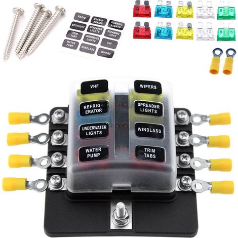 Boîte à fusibles à 8 voies (bornes à vis) avec voyant LED +10pcs lames de fusibles (10A2, 15A2, 20A2 25A2, 30A2) +10 bornes jaunes + autocollant (1/5)