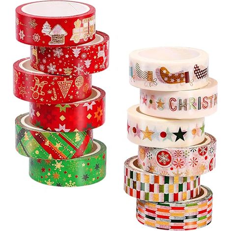 12 autocollants Washi Tape de Noël, 1,5 cm x 5 m, ruban adhésif Washi Tape de Noël avec feuille d'or, ruban de masquage en papier