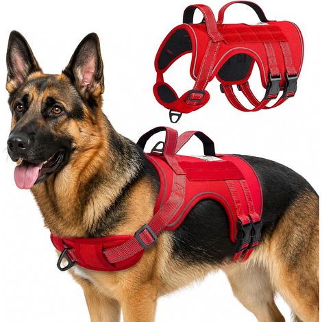 Harnais Anti Traction Chien Militaire, Gilet Réfléchissant Réglable avec 2 Poignées de Contrôle et Molle, Dog Harness Doux et Durable pour Moyenne Grande la Marche la Promenade (Rouge, M) (1/5)