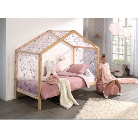 Lit cabane avec voile 90x200 pin massif clair Kobi