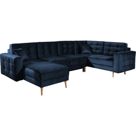 Canapé panoramique convertible ANSKA en velours - Pieds bois naturel-Bleu nuit (1/5)