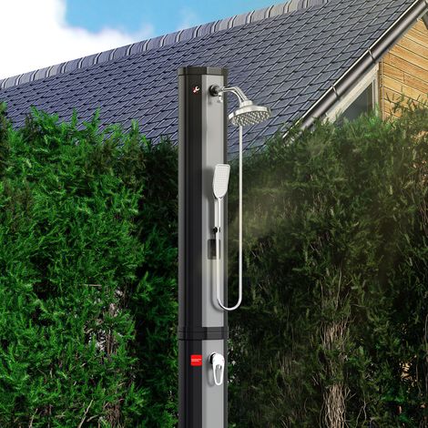 Jiubiaz Solardusche Gartendusche 60L mit Abdeckhaube, Handbrause und Drain Stop – Standsäule für Garten, Pool & Camping in Silber