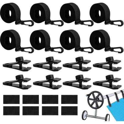 Lot de 8 Sangles de Maintien et Pinces pour Enrouleur Bâches Piscine, Accessoires Enrouleur de Couverture Solaire, Sangles de Serrage de Couverture de Piscine pour Bâche de Piscine Mobile (1/5)