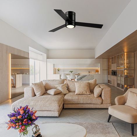 Ventilatore da soffitto con motore AC da 48 W, luce LED, telecomando, 3 velocità e 3 pale in legno, Ø112x25 cm, nero. (1/5)