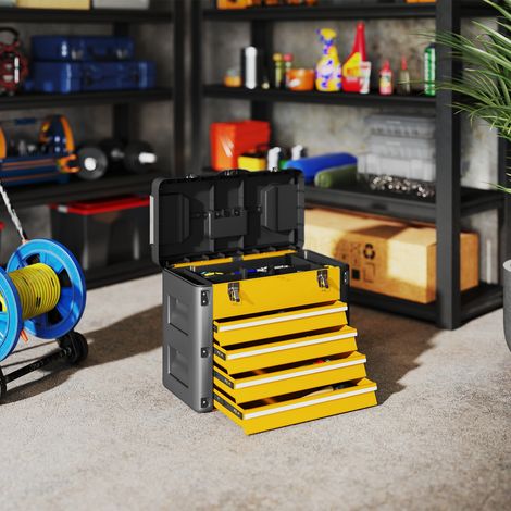 Boîte à outils vide, 49,7 x 25,3 x 40,7 cm, boîte à outils à 4 tiroirs, mini-boîte, acier, jaune