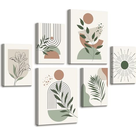 6pcs Cadre en Bois Impression sur Toile Bohème Milieu du Siècle Tableau Affiche Decoration Murale Géométrique Abstraites Beige Vert Peinture Tableau Decoration Murale Salon 30x40 cm x2+20x30 cm x4 (1/5)