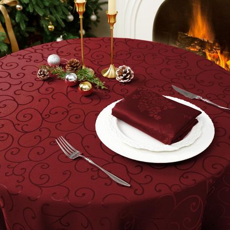 Nappe ronde 180 cm Rouge, Jacquard Damas, anti-taches, imperméable