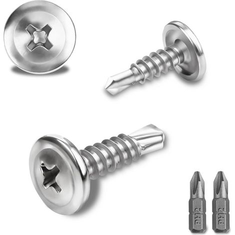 150 Pcs Vis Autoforeuse Metal 410 Vis Autoforeuse Inox 4.2x13MM Autoperforante Phillips à Tête Fraisée pour Acier Autoperceuse à Tête Ronde Autoperceuse avec 2 Forets (Argent) (1/5)