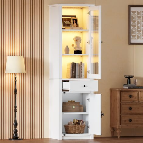 Vetrina alta bianca 55 x 40 x 200 cm con LED, 1 cassetto, 2 ante, maniglie in metallo (1/5)