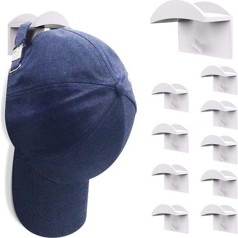 Porte-chapeaux et perruques mural - Lot de 10 crochets adhésifs doubles blancs pour casques de baseball, chapeaux et perruques - Organisateur sans perforation pour la maison et l'entrée (1/5)