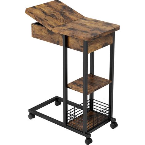 Table d'appoint bout de canapé avec roulettes Cadre en métal Desserte de lit Support ordinateur portable ,marron (1/5)