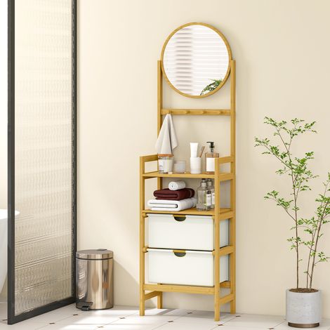 Badezimmerregal aus Bambus mit Spiegel, 4 Haken, 2 offenen Ablagen und 2 Stoffschubladen, 48,5 x 30 x 170 cm, Natur