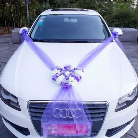 Kit Decoration Voiture Mariage - Bouquet Tissu 30 cm + Tulle 6 m + Fleurs Papier DIY - Violet Parme Blanc - 8 Pieces (1/2)