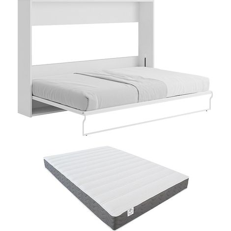 Letto a scomparsa con apertura orizzontale manuale 140 x 200 cm Bianco + Materasso - MALINA II
