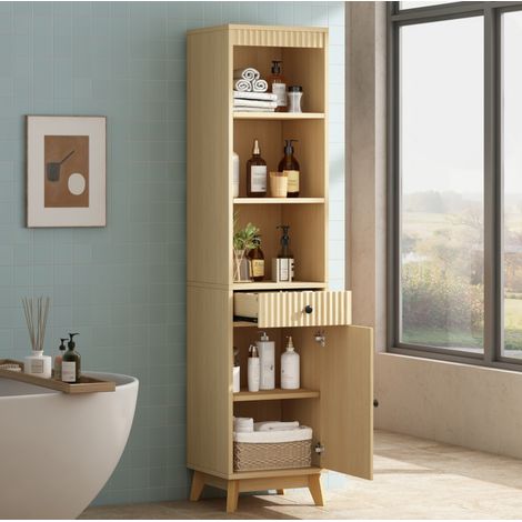 REDOM armario alto de baño 40x36x172 cm, puerta reversible, cajón y estantes abiertos, MDF color madera natural (1/5)