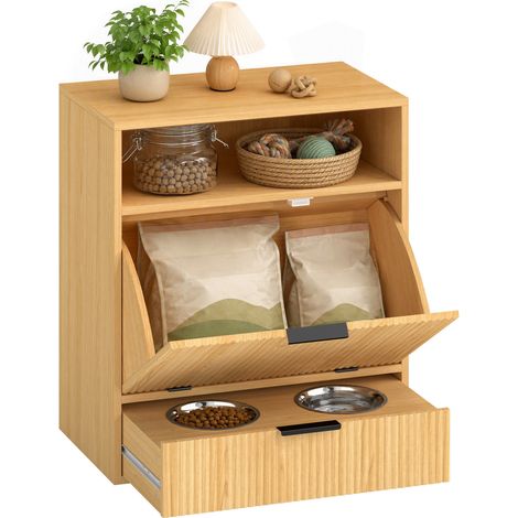 PawHut Pet Feeder Station with Storage, 2 Raised Stainless Steel Bowls, Oak (1/5)