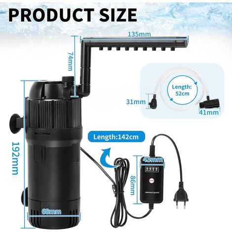 Filtre Interne d'Aquarium 5 en 1 avec Stérilisateur UV Pompe Submersible pour Bassin de Poissons avec Barre de Pluie et Contrôleur de Minuterie
