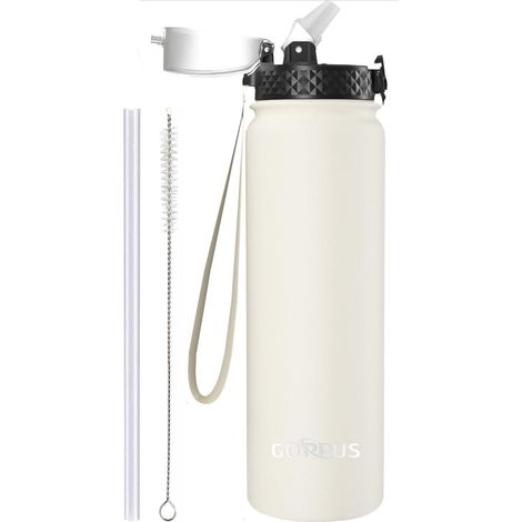 Thermosflasche 1L Strohhalm Edelstahl Auslaufsicher Beige 1000 ml (1/5)