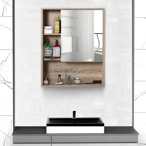 Wandmontierter Badezimmerschrank mit Spiegel, Hängeaufbewahrung, Eichenholzfarbe, Maße: 60 cm (L) x 15 cm (B) x 76 cm (H)
