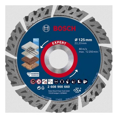Bosch – Disque diamant pour meuleuse 125 mm – Coupe béton, maçonnerie, tuile, granite – Segments soudés au laser – 2608900660