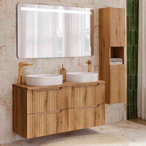 Doppelwaschtisch Set 120cm 4 Schubladen und Hochschrank Riva Holz (1/5)