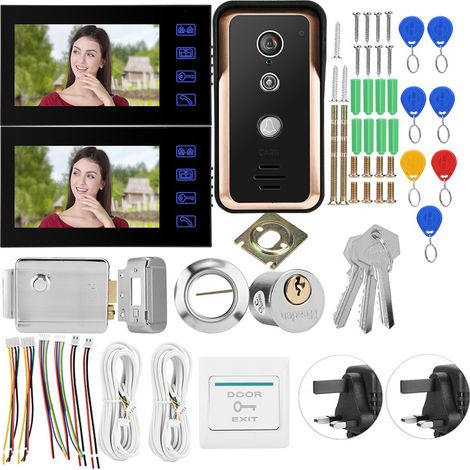Interphone vidéo filaire 7 pouces avec caméra RFID IR, 2 moniteurs, serrure électrique intégrée, 100-240V (Royaume-Uni) (1/5)