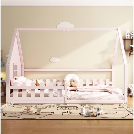 Cama infantil de pino y MDF rosa 140x200 cm con barandilla y diseño de casita (1/5)