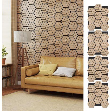 COSTWAY Set di 4 Pannelli Fonoassorbente, Pannelli Acustici per Pareti, 81x 66 cm, 9 Tavoletta Esagonali in Legno, per Riduzione del Rumore, Decorazione Interna, 2,1 m² (1/5)