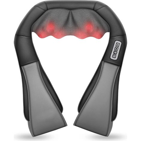(Noir/Gris) Appareil de massage par acupression pour la nuque et les épaules, masseur dorsal chauffant, oreiller de massage électrique en forme de U à pétrissage profond (1/3)
