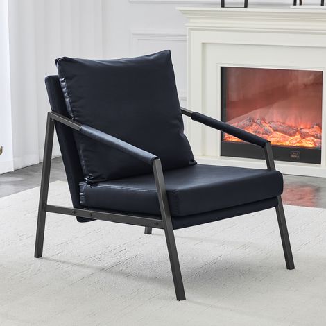 Fauteuil d'appoint moderne en similicuir, fauteuil une place rembourré avec structure robuste en métal noir, fauteuil de lecture industriel pour salon, chambre, bureau et salle d'attente, noir (1/5)