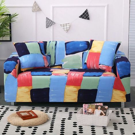 Housse de Canapé Extensible 2 Place Couverture Canapé avec Accoudoirs, Géométrie de style aquarelle, bleu[SFT85] (1/4)