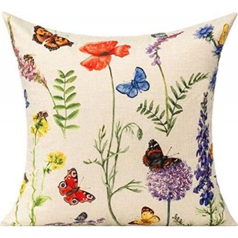 4 Housses de coussin 45x45 cm, motif fleur papillon libellule, tissu lin, décoration salon chambre voiture (1/5)
