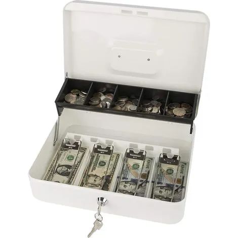 Coffre-fort verrouillable avec cadenas, boîte à monnaie avec plateau, coffre-fort à clé, organiseur d'économies, 30 x 24 x 9 cm, blanc, très grand (1/3)