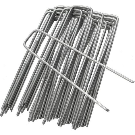 Lot de 100 Piquet Jardin de Fixation en Acier Galvanisé 150 mm/6"- Ancrage au Sol Toile paillage Agrafes pour bache Mauvaise Herbe (1/4)