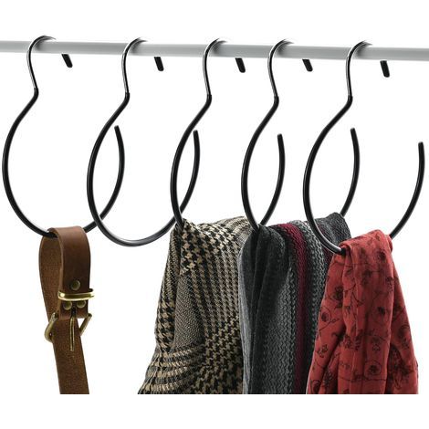 Lot de 5 anneaux porte-foulards - Porte-ceintures antidérapant avec crochet - Noir - Accessoire de rangement pour cravates, foulards et ceintures (1/5)
