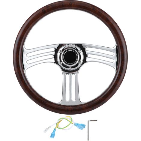 Volant chromé à 3 branches avec poignée en bois foncé de 350 mm/14 pouces, 6 boulons, style vintage (1/5)