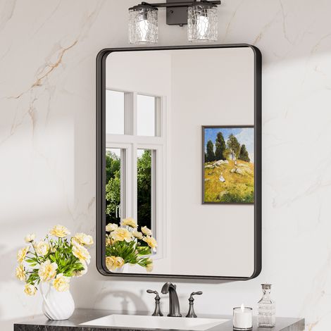Keonjinn Wandspiegel mit Robust Gehärtetem Glas, 50x75cm Badezimmerspiegel mit Alurahmen, Rechteckiger Badspiegel Vertikal und Horizontal möglich, Matt Schwarz